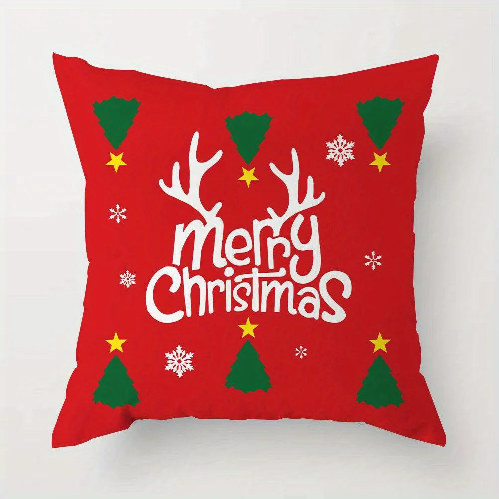 4-Pack Festive Christmas Throw Cushion Covers Woven Linen, Contemporary Style Santa Snowman Reindeer Tree Patterns