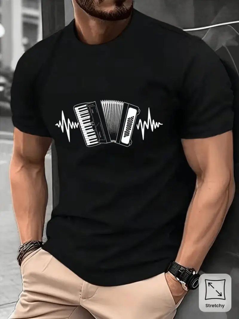 Men's Accordion Print T-Shirt, Stretch Fabric Tee For Music Lovers, Casual Crew Neck Short Sleeve Shirt For Summer Training