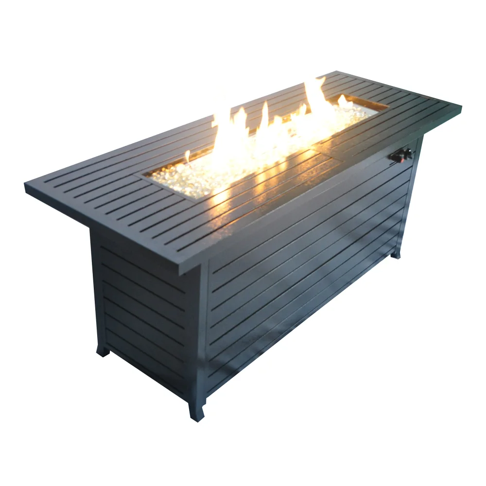 57in Outdoor Gas Propane Fire Pits Table, Aluminum, 50000BTU Firepit Fireplace Dinning Table with Lid, Fire Glass, Retangular