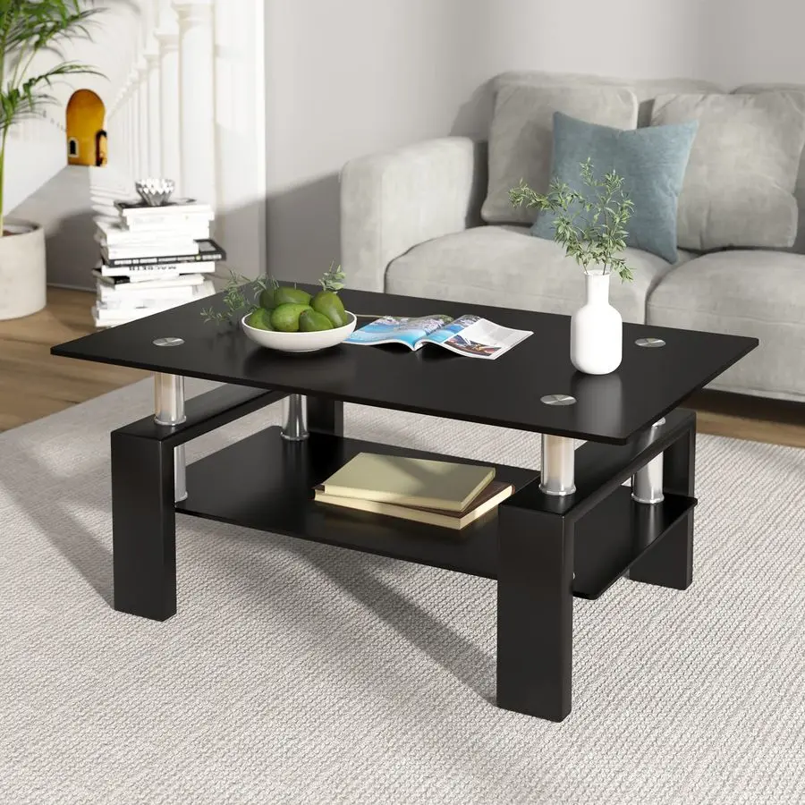Rectangle Glass Coffee Table 2Tier Tea Table Modern Side Coffee Table for Living Room All Black