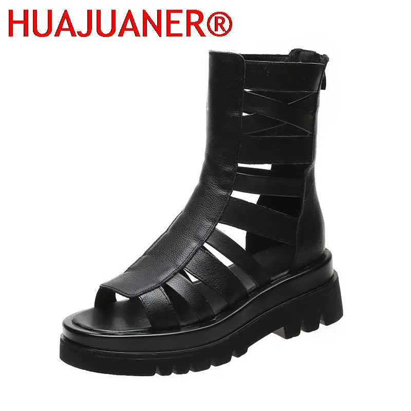 

HUAJUANER Summer New Roman Casual Sandals Women's Boots Platform Thick Bottom Fish Mouth Sandals Women Black Boots