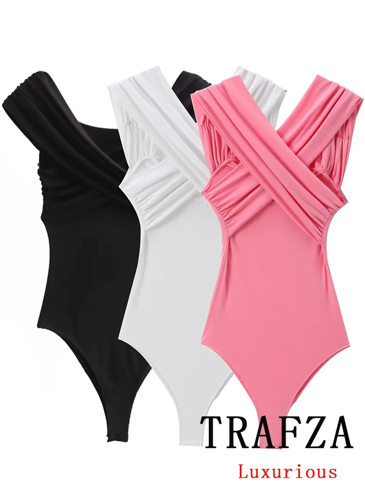 TRAFZA Sexy Vintage Chic Bodysuits  Solid Slash Neck  Sleeveless Slim Bodysuits New Fashion 2024  Summer Female Jumpsuits