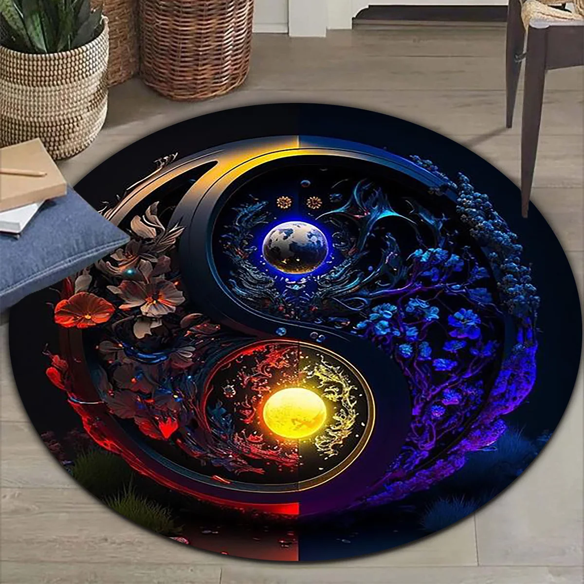 Yin Yang Inspired Round Area Rug, Non-Slip Machine Washable Floor Mat for Living Room Home Decor, Soft Indoor Welcome Carpet