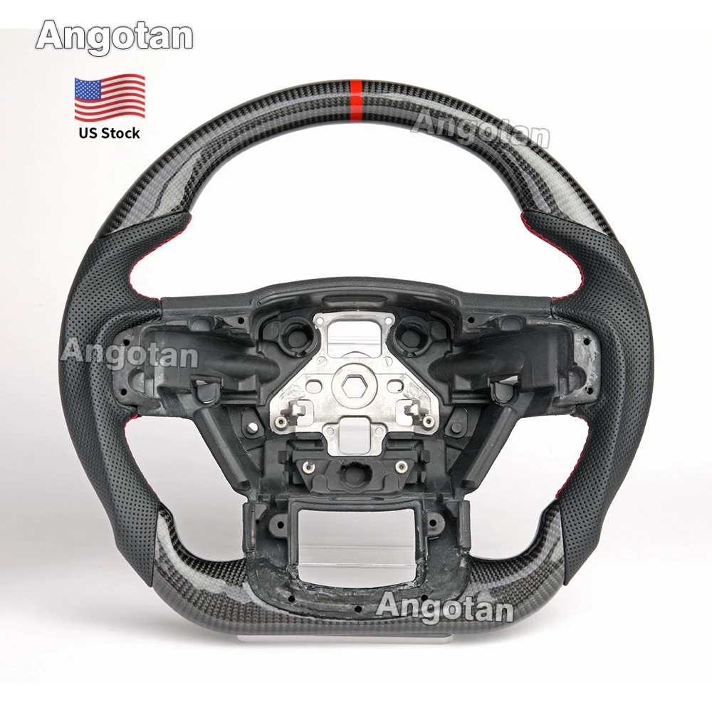 عجلة قيادة من ألياف الكربون الحقيقية لسيارة فورد F150 عجلة القيادة 2015-2020 بدون فتحات مجداف قبضة جلدية مثقوبة