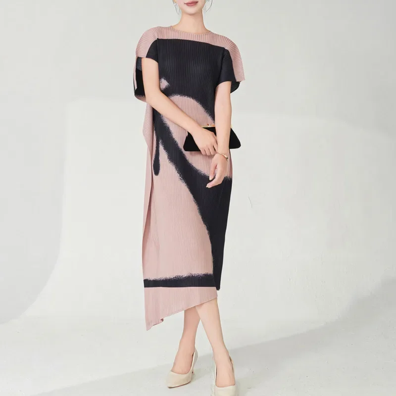 

ALSEY Miyake Loose Printed Pleated Dress 2025 Summer New Wave Women's Round Neck Irregular Short Sleeve Fashion Casual Dresses