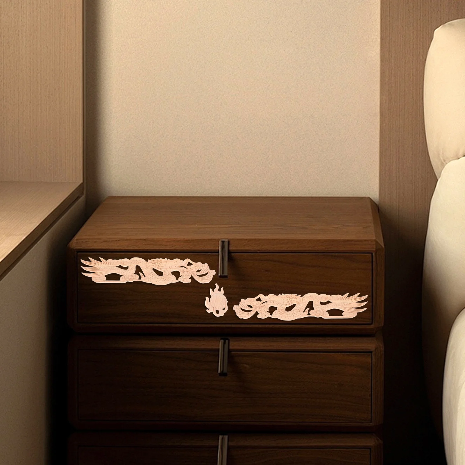 

2Pcs Exquisite Wooden Dragon Playing with Pearl Applique Handcrafted Onlay for Furniture Decoration and Home Aesthetic