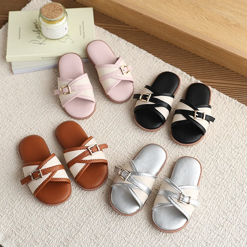 

Mumoresip Summer Kids Beach Slippers Fashion Cross Strap Open-toe Girls Home Slippers Bathroom Non-slip Children Flat Slippers