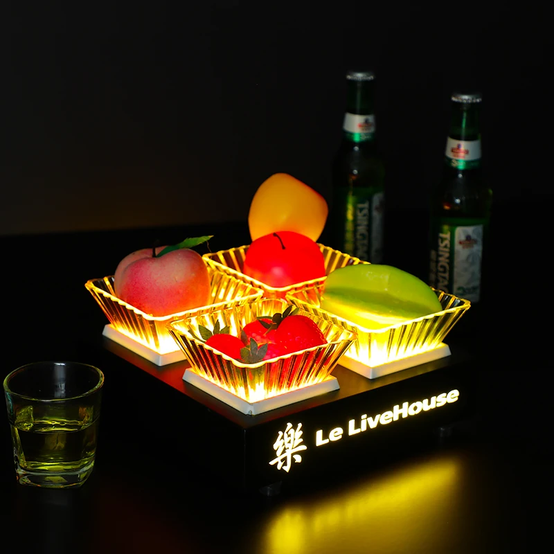 LED Four-Compartment Glowing Fruit Platter Wrought Iron Snack Plate for Bar KTV Partitioned Lounge Private Room Decor