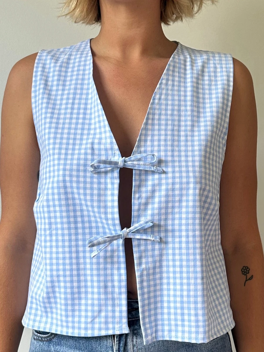 Women Vintage Gingham Bow Tie Front Vest Top Plaid V Neck Sleeveless Tank Top Y2K Summer Going Out Streetwear