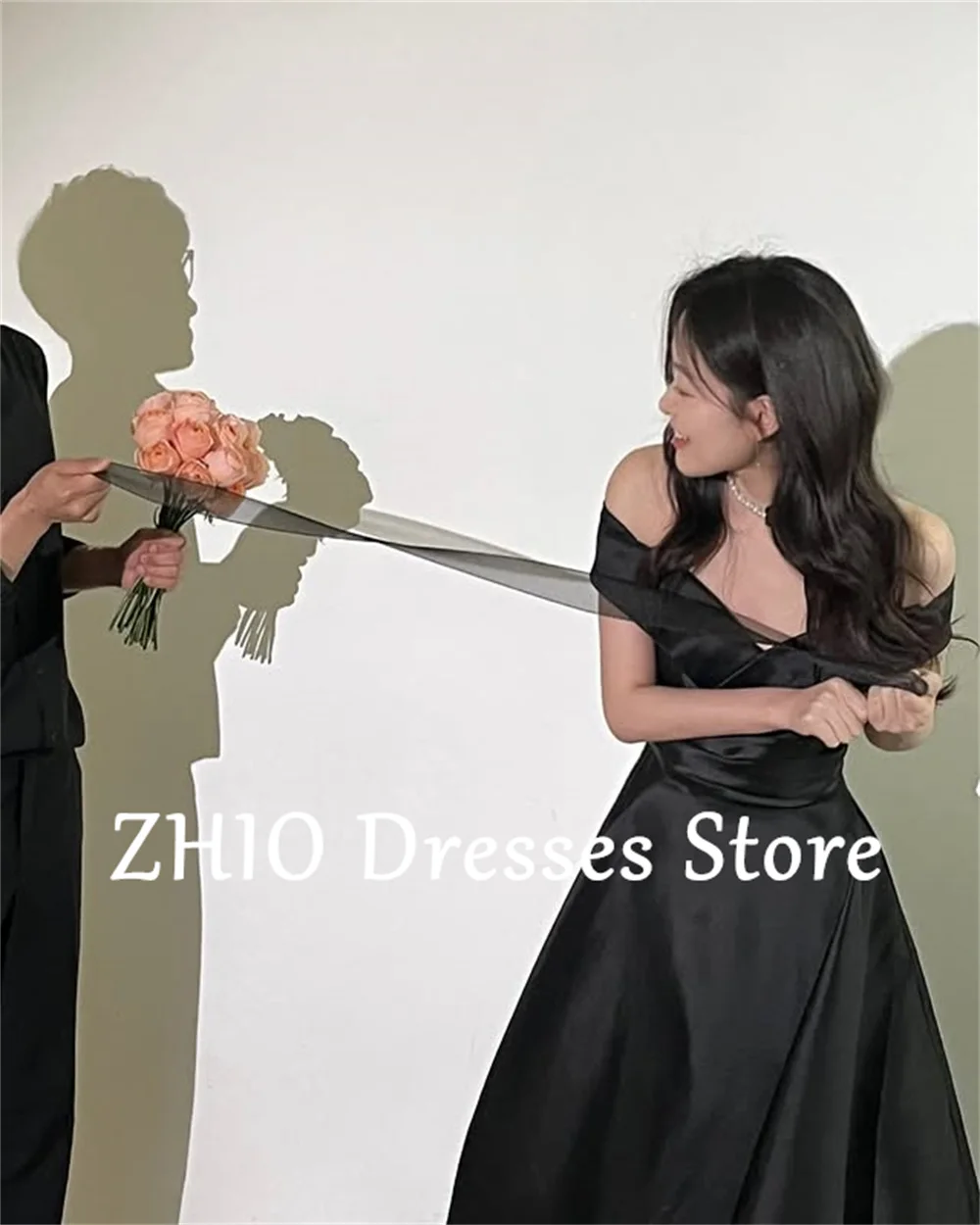 ZHIO Simple Black Off the Shoulder Evening Dress Formal Party Short front long back Occasion Dresses Satin Prom Gown Customized