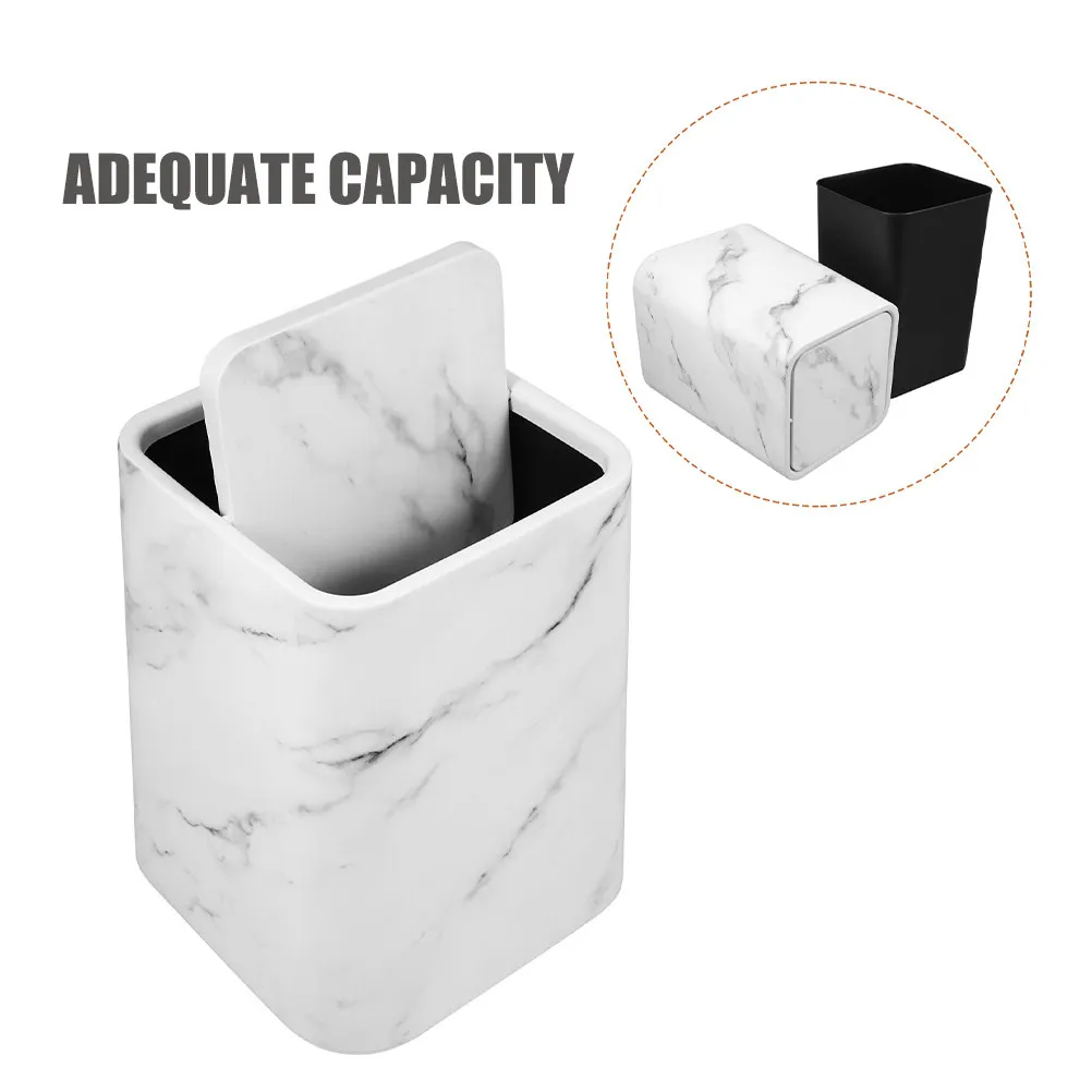 Marble Pattern Trash Can Lid Garbage Container Plastic Waste Basket Bathroom Kitchen Living Room Elegant Odor Control
