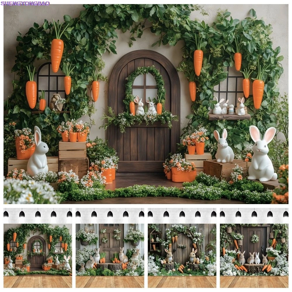 

Easter Party Bunny Carrots Flowers Backdrop Brown Wood Door Baby Shower Children Photocall Decors Photography Studio Background