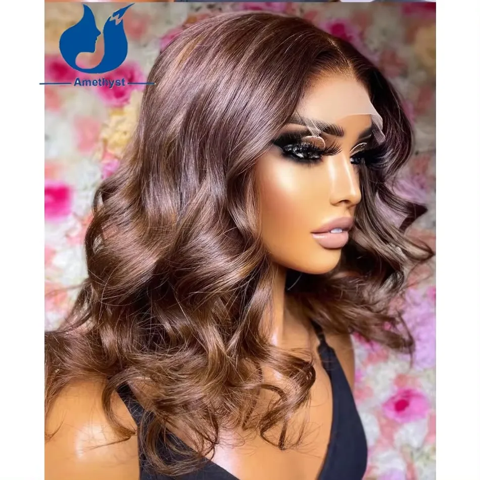 Amethyst Brown Wave Curly Bob Human Hair Wigs For Women 5.5x4.5 PU Silk Base Lace Closure Wig Short Bob Brazilian Remy Hair