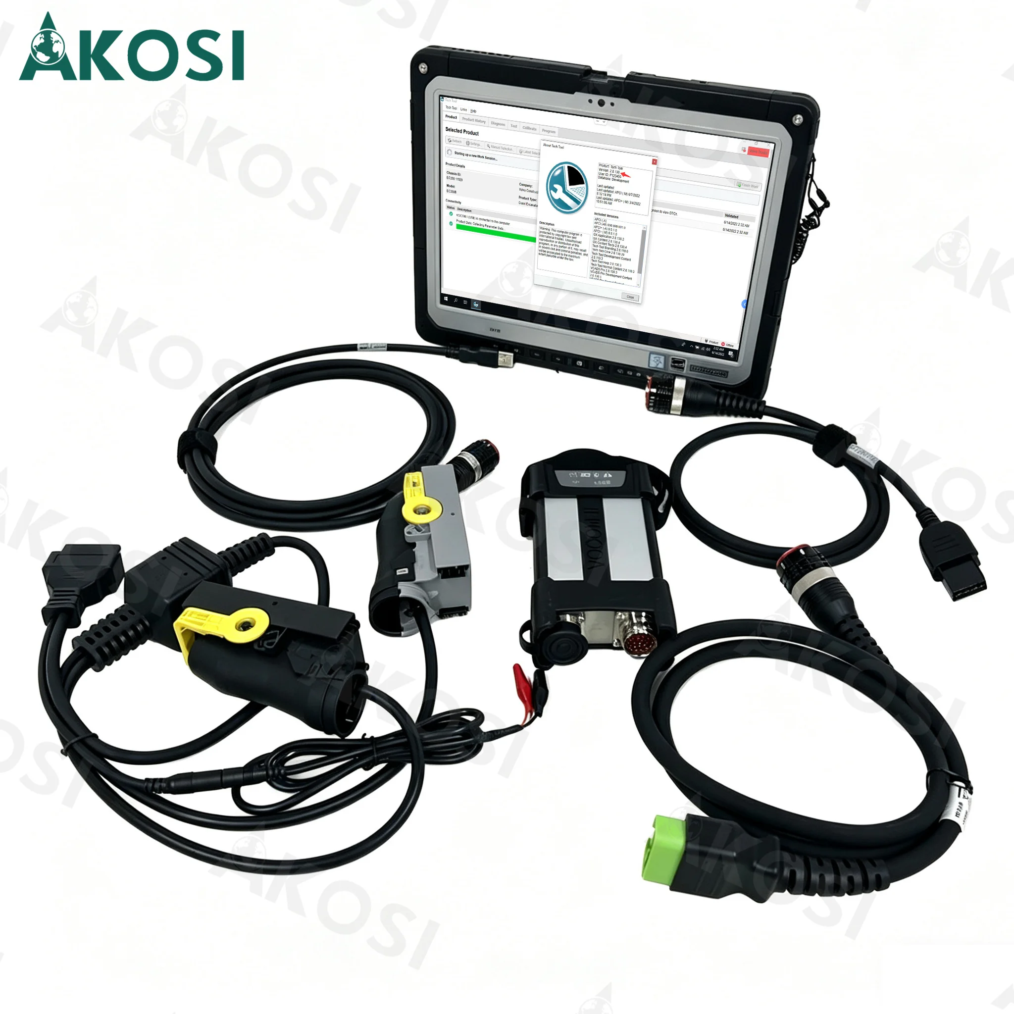Cable de Prueba para ECU VOCOM 2 + Kit de Diagnóstico con Tablet CF33 Listo para Usar para Camiones Pesados Volvo y Mack, Excavadoras, Software PTT
