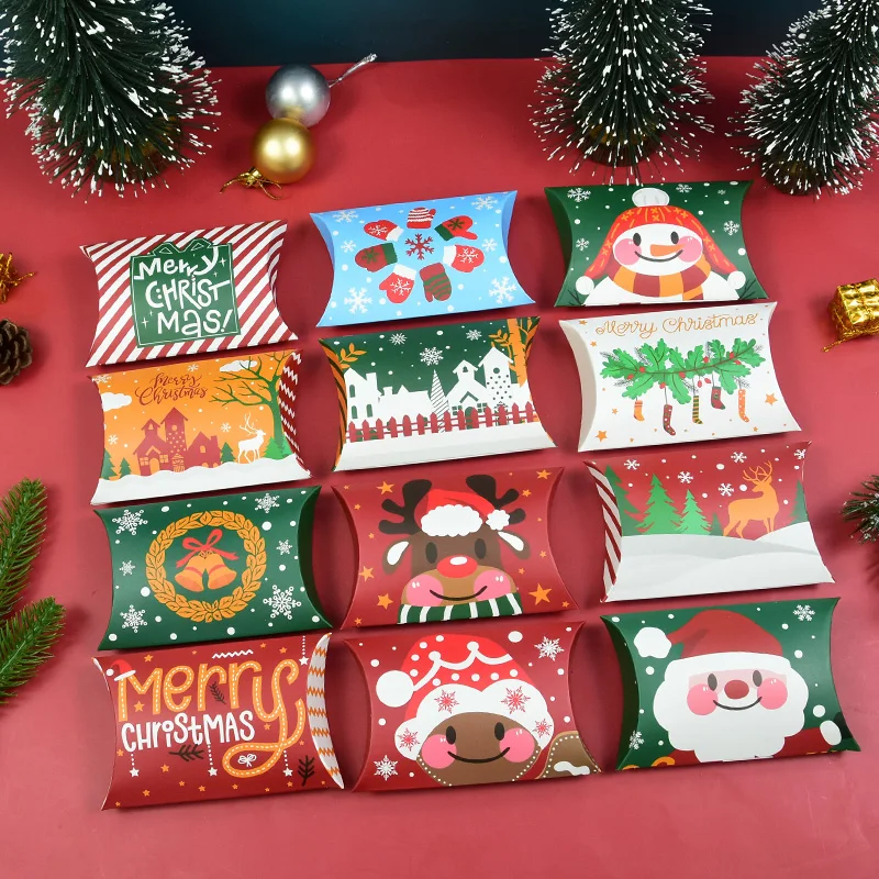 

12pcs Merry Christmas Candy Box Bag Pillow Shape Kraft Paper Box Christmas New Year Favor Gift Packaging Decoration Navidad 2023