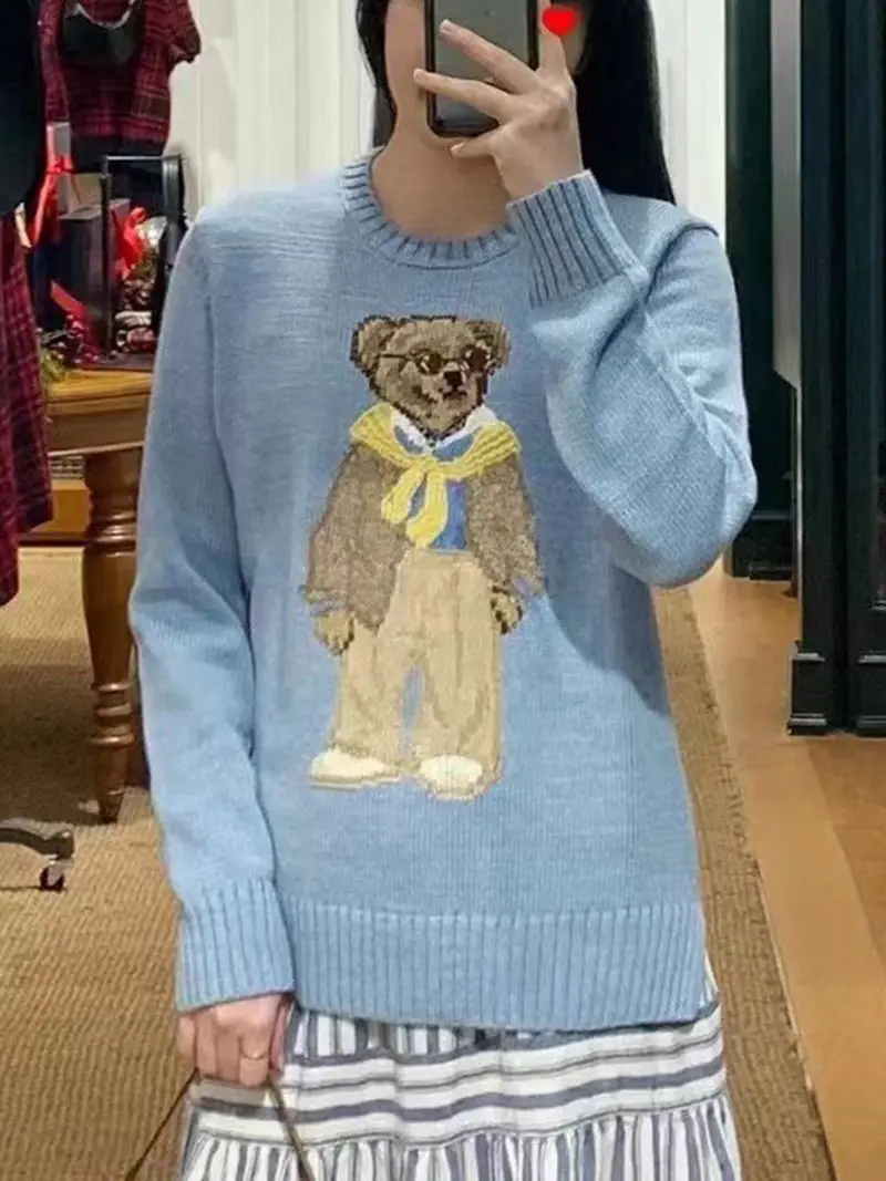 Women\'s Pure Cotton Sweater 2024 Autumn/Winter New Casual Warm Cartoon Bear Pattern Round Neck Long sleeved Sweatshirt