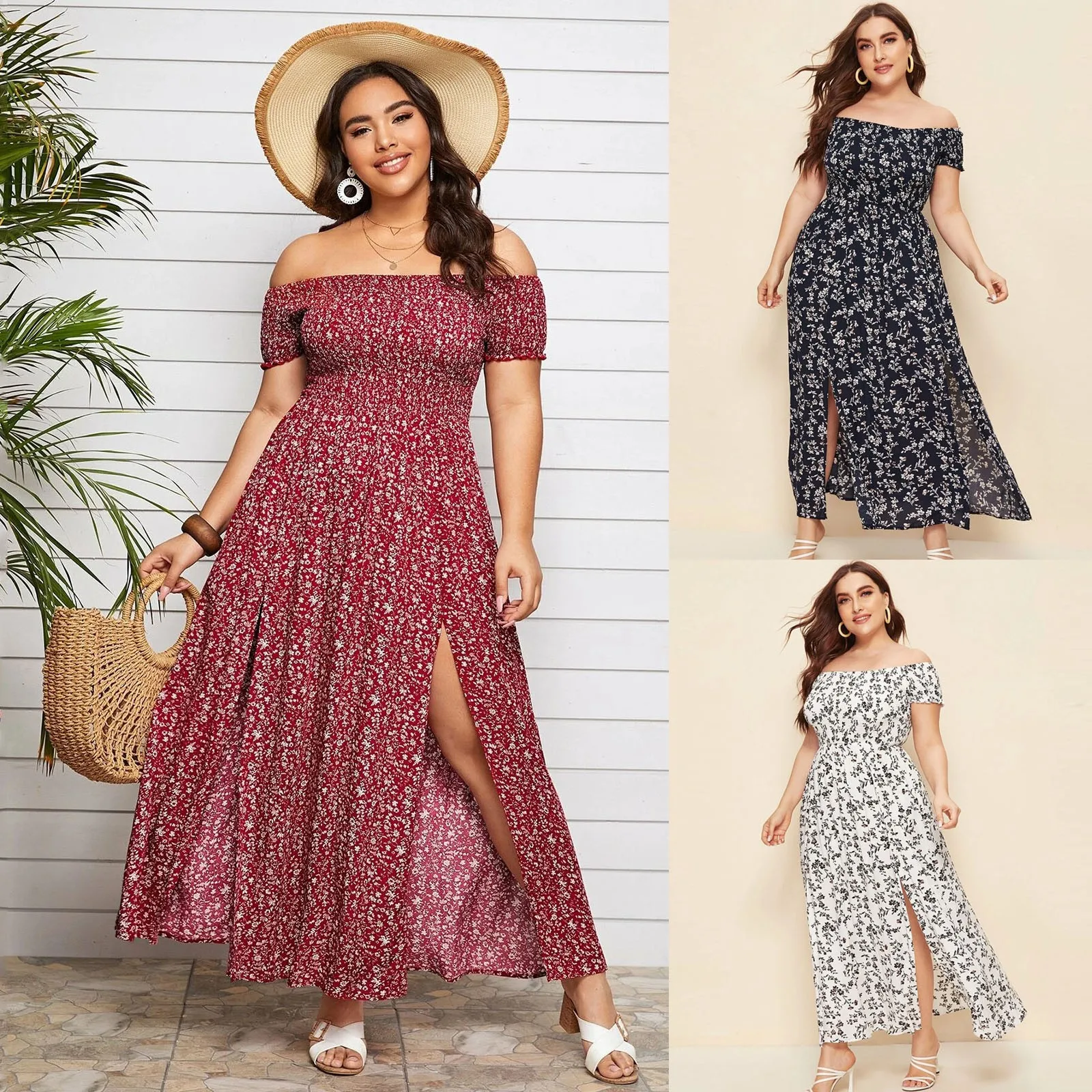 2024 New Women Summer Plus Size Dress Chest Wrapped Short Sleeve Split Flowy Hem Off Shoulder Print Maxi Boho Dress Streetwear