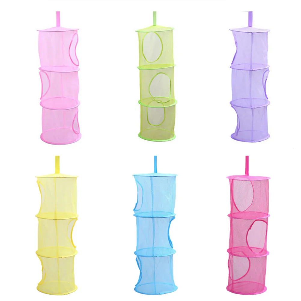3-Layer Hanging Mesh Storage Organizer for Clothes Laundry Shoes Foldable Space Saver Basket Hall Bathroom Use Pink
