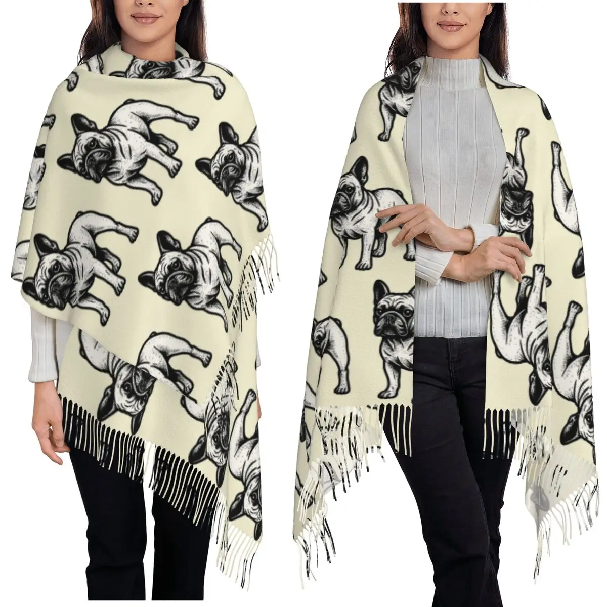 

Традиционный стиль татуировки, французский бульдог, дизайн собаки, шарф, шарфы с кисточками, женские теплые шали и накидки, длинная осенне-зимняя шаль
