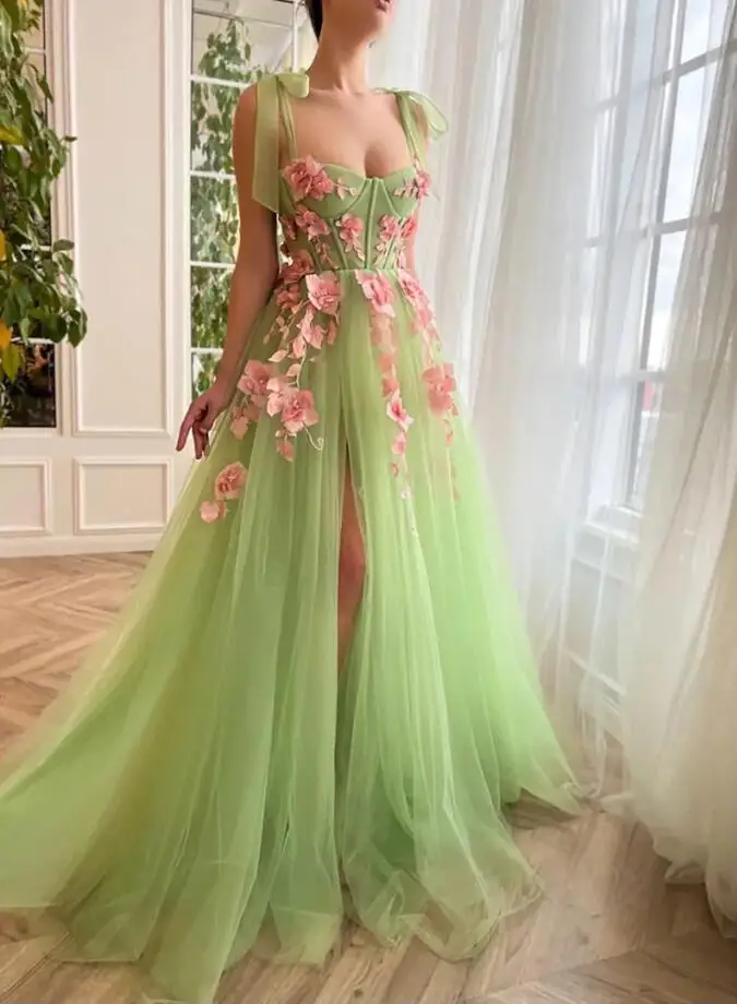 

Green Prom Dresses 2024 Pink Floral Spaghetti Straps Front Slit Tulle Long Sweetheart A Line Evening Gowns Women Party Dress