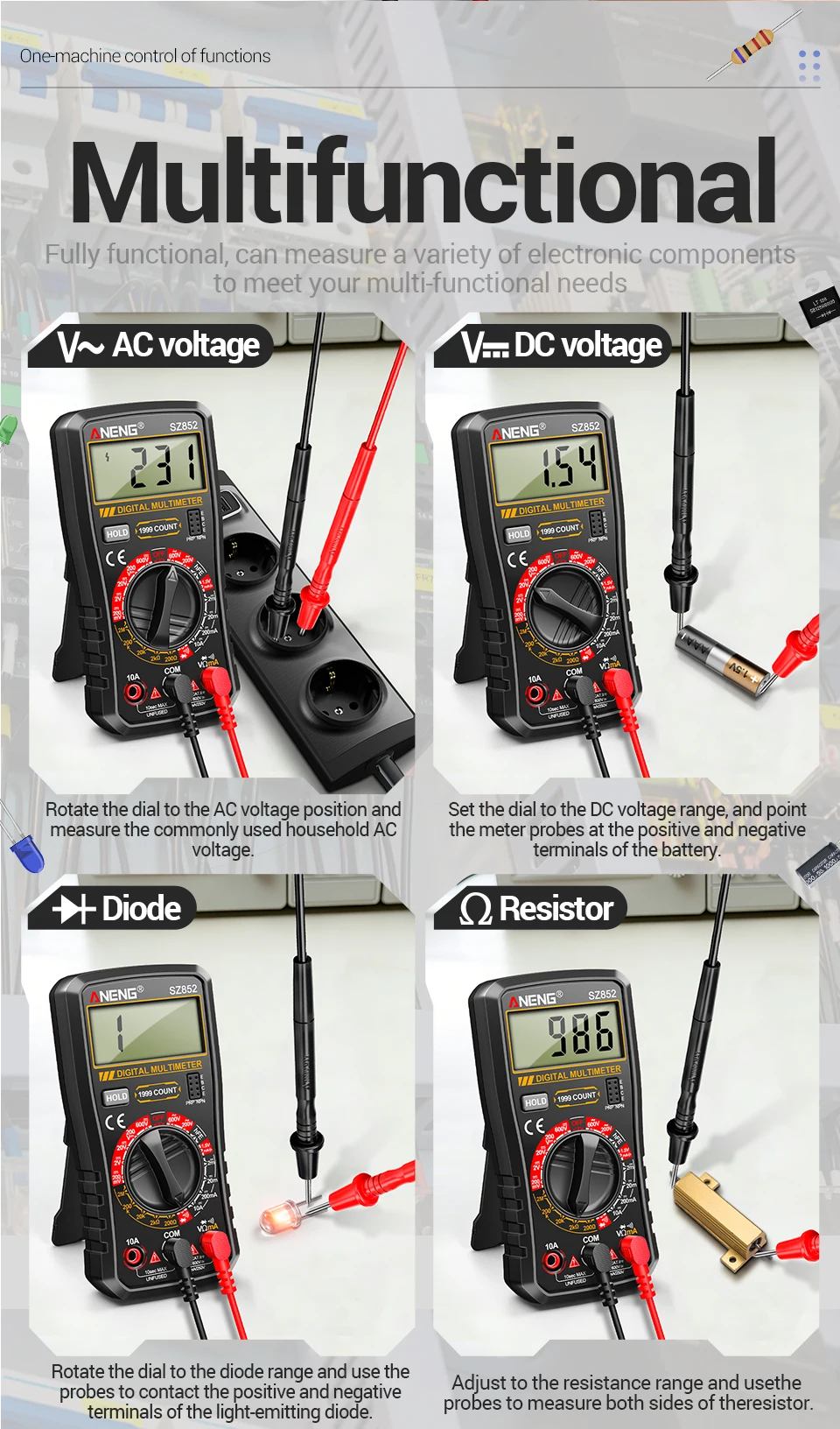 ANENG SZ852 Digitalmultimeter 1999 Zähler AC/DC Spannung/Strom Widerstand Batterie Multiparameter-Messgerät Elektrowerkzeug – Detail 11