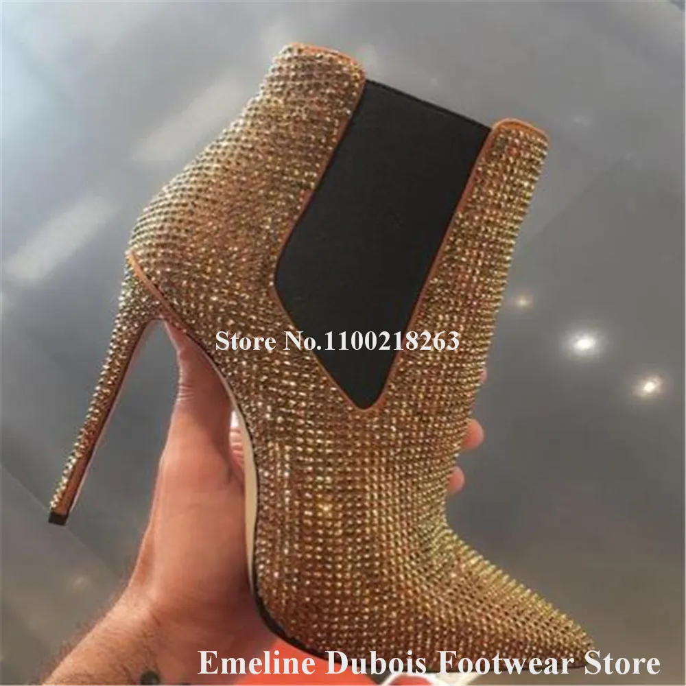 Shining Black Gold Short Boots Emeline Dubois Bling Bling Pointed Toe Crystals Stiletto Heel Ankle Booties Slip-on Wedding Heels