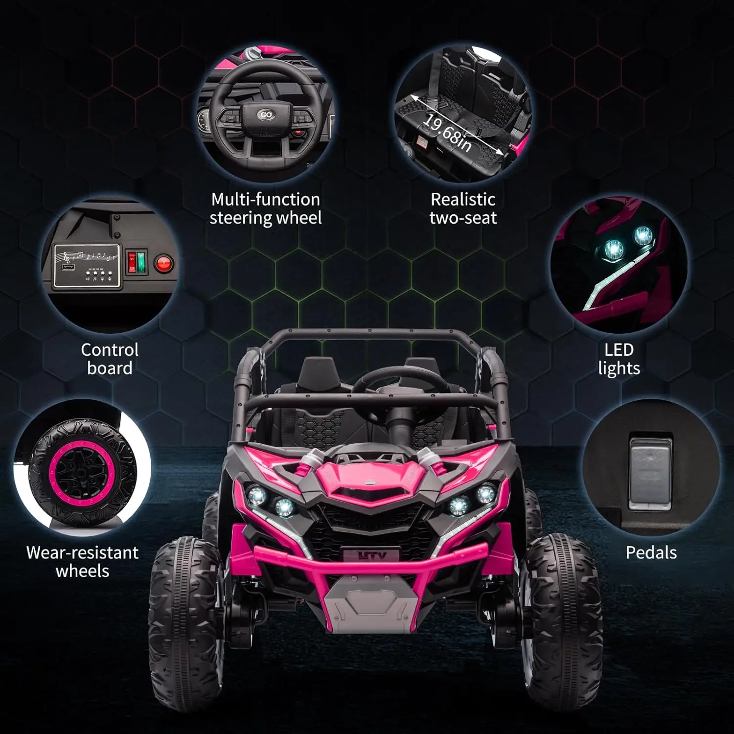 24V 電動乗用玩具車 子供用 四輪駆動 バッテリー駆動 オフロード 電動車両 電動UTV リモコン付き、電力表示、ヘッドライト付き