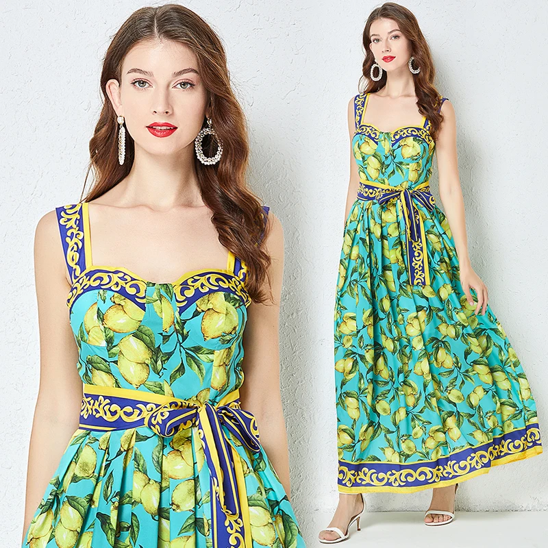 Real Shot European and American Positioning Printing Stereo Chest Pad Sling Dress High Waist Big Swing Dress