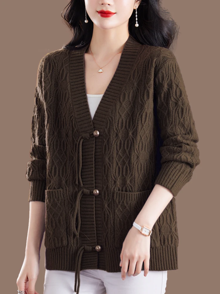 

Women's Knitted Woolen Sweater Coat Spring Autumn Belted Large Size Belly Covering Plump Mom Camere Cardigan Korean Sle L...