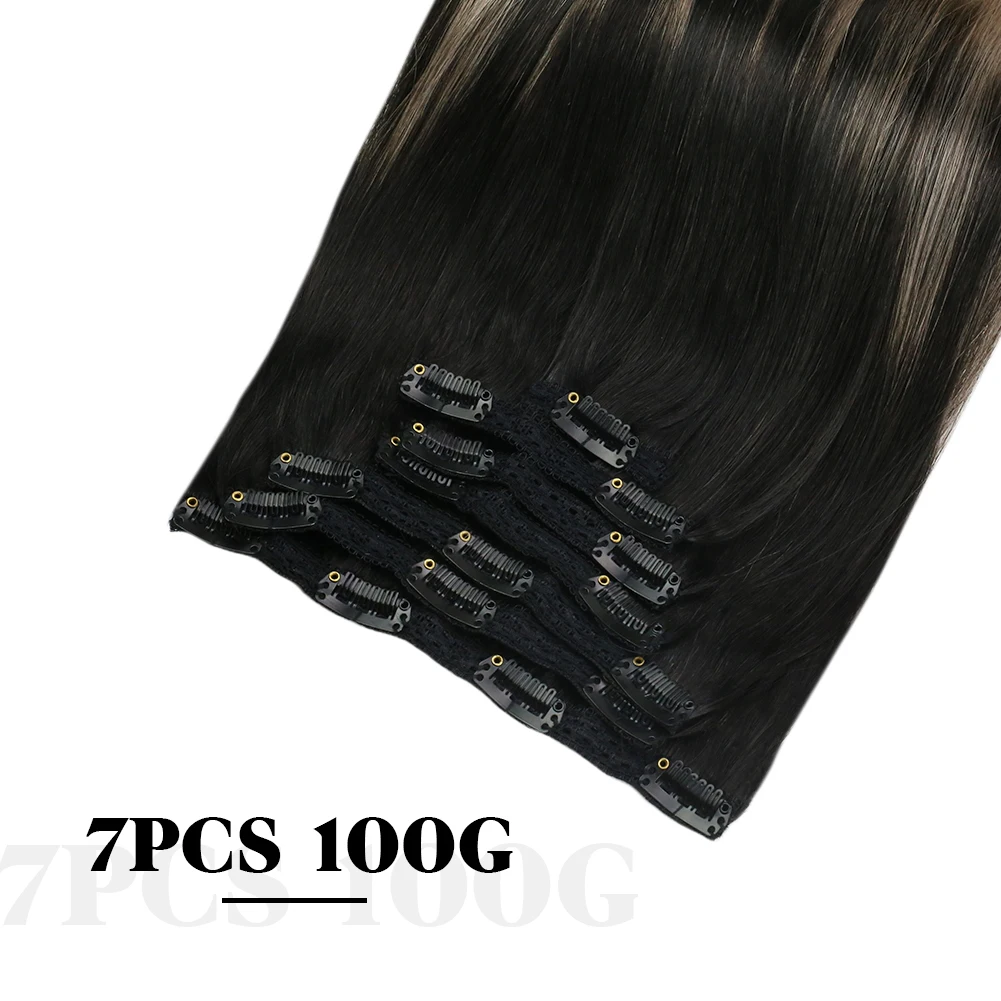 Moresoo Clip in Human Hair Extensions Brazilian Hair 70G/105G Natural Hair Extensions Straight #1B/18/60 Black Ombre Blonde Hair