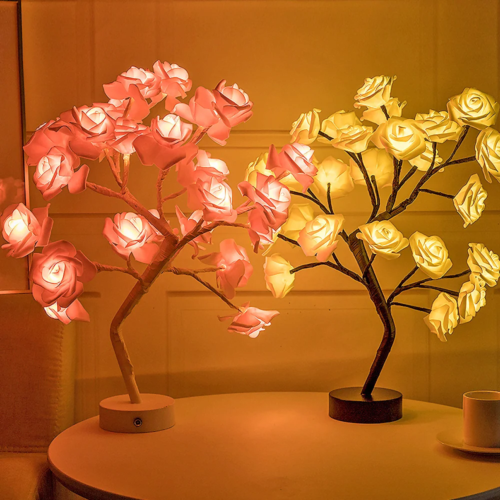 24 LED Rose Flower Tree Lights USB Table Lamp Fairy Maple Leaf Night Light Home Party Christmas Wedding Bedroom Decoration Gift