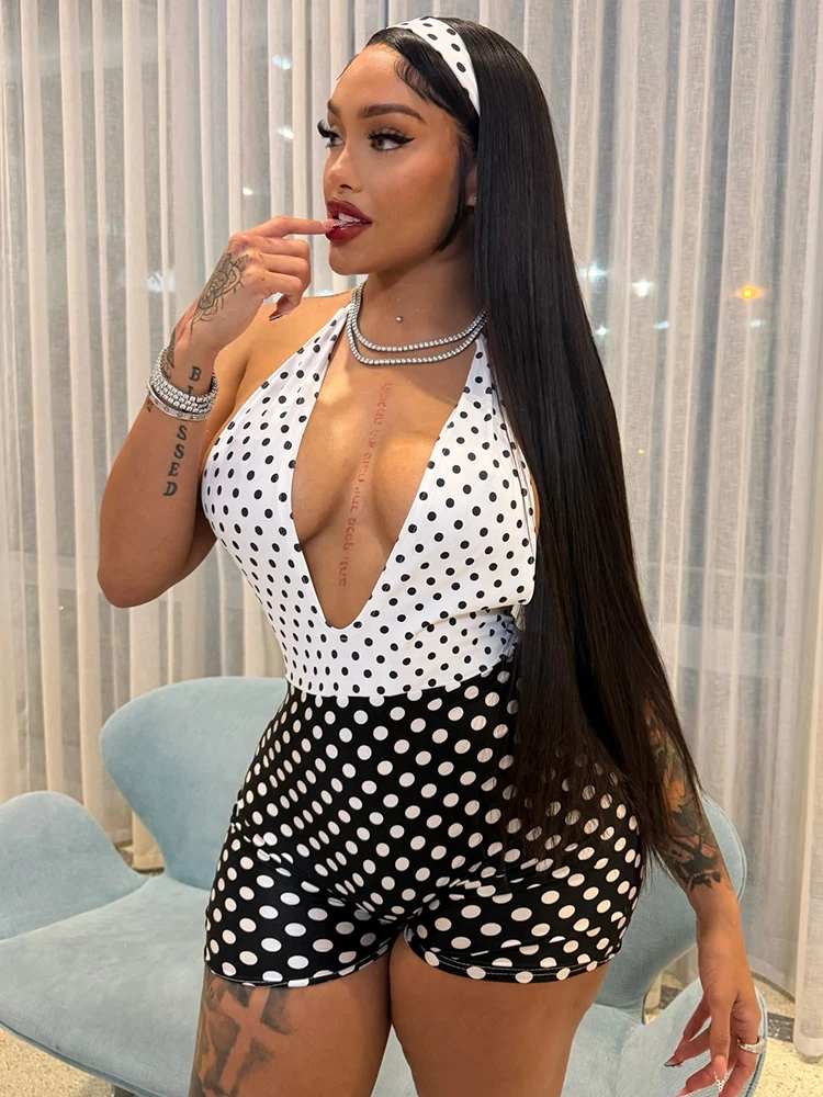 Kliou Contrast Patchwork Playsuits Woman Polka Dots Print Halter Low-Neck Backless Skinny Peach Hip Street Sexy Style Rompers