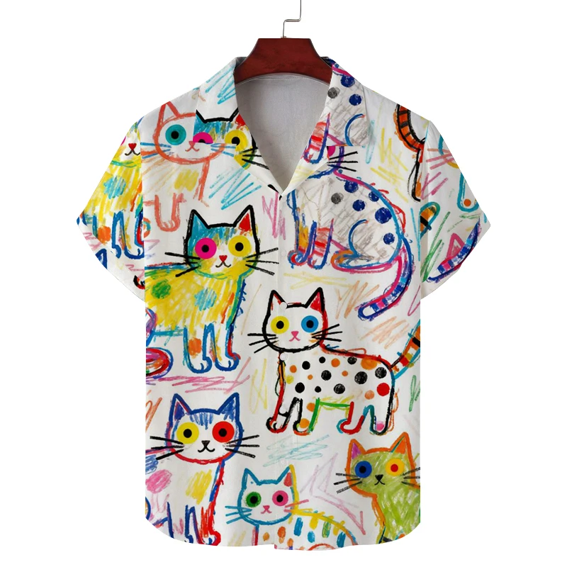 Summer Unisex New Short Sleeved Shirt with Cat Print Pattern for Casual Commuting, Fashionable and Personalized Breathable Shirt