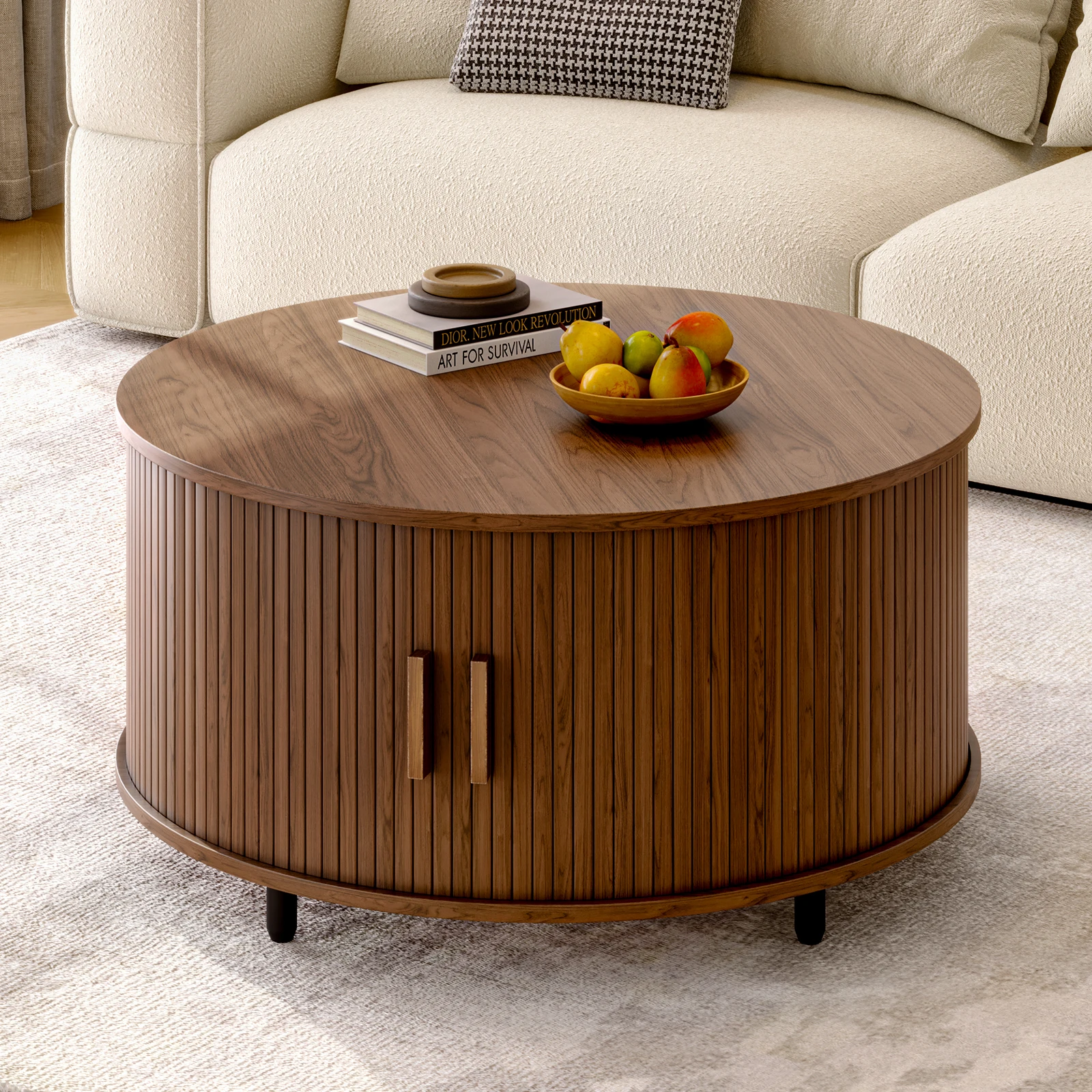 

Round Coffee Table with Storage Modern Coffee Table with 360° Curved Sliding Door,Fluted Wood Accent Coffee Tablee