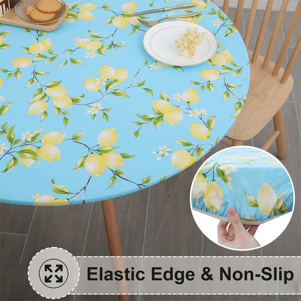 Kitinjoy Elastic Round Table Cloth Fitted Flannel Backed Vinyl Tablecloth Waterproof Wipeable Dining Table Covers For Camping