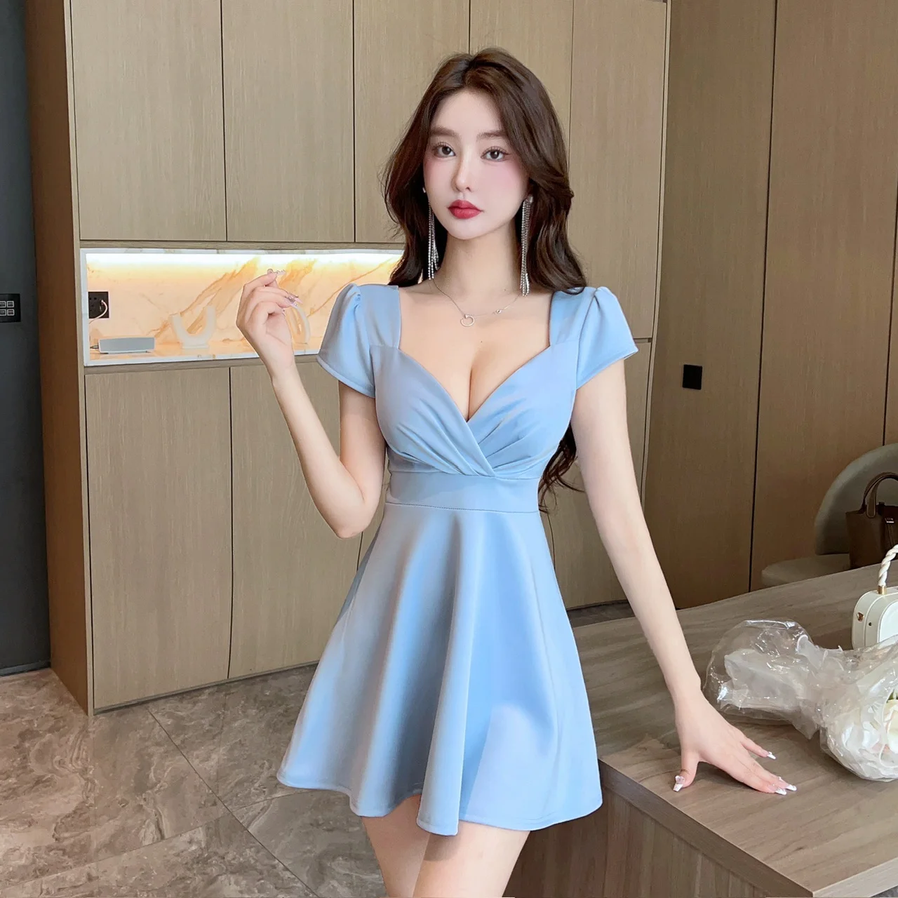 

Summer Dress 2024 Fall Women Sexy Casual Knit Sheath Mini Dresses Ladies Solid V Neck Chest Button Short Sleeve Bodycon Dress
