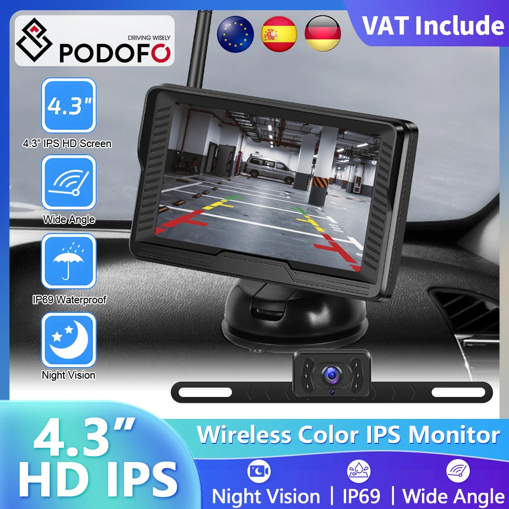 Podofo 4,3-Zoll-Bildschirm, kabellose Park-Rückfahrkamera, IP69, wasserdicht, Infrarot-Nachtsicht, digitaler Automonitor für Rückfahrkamera