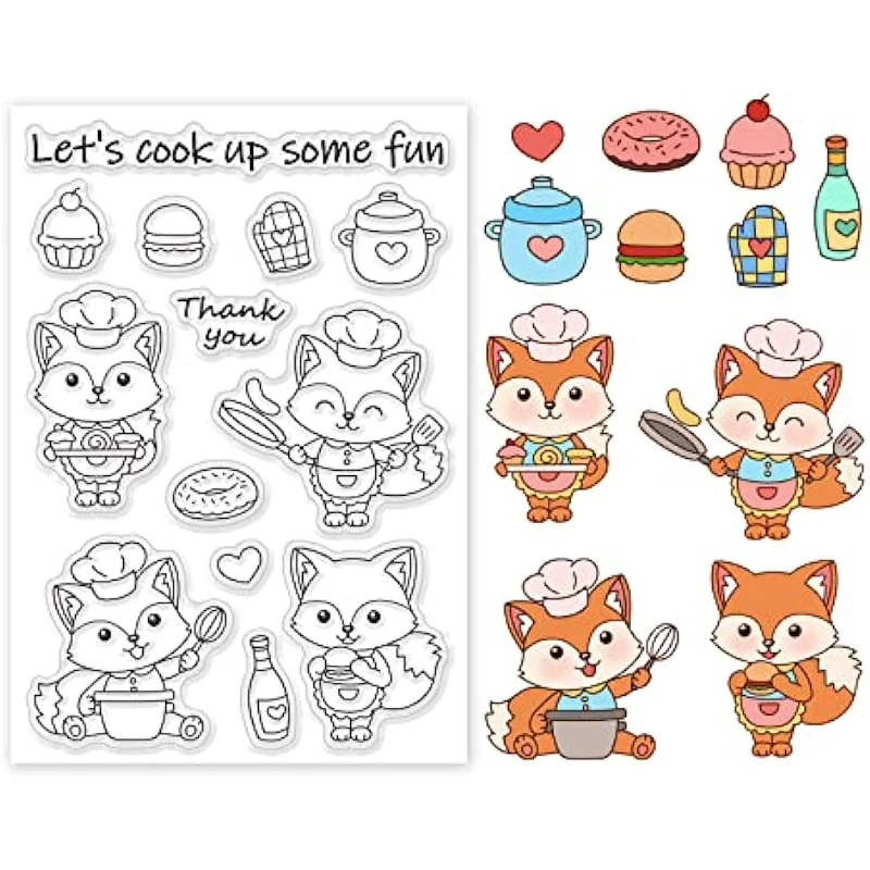Fox Cook Klare Stempel, Küchengeschirr, Gewürze, Lebensmittel, Donuts, Burger, PVC-Silikonstempel für DIY-Scrapbooking, Fotoalbum, dekorativ