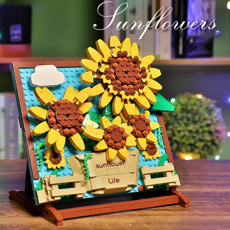 MOC-bloques de construcción en miniatura de astronautas, girasol, tulipán, obra de arte creativa, pintura 3D, decoración del hogar, juguetes para regalo de cumpleaños