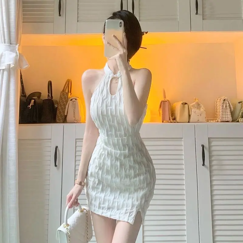 Weiß Halter Kleider Frauen Chic Vintage Chinesischen Stil Taste Sexy Backless Elegante Dünne Party Heiße Süße Jugend Mini Vestidos