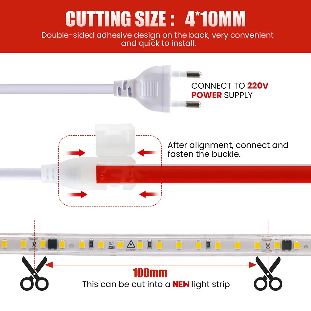 Imagem -05 - Impermeável Led Strip com Luz Adesiva Fita Flexível Stripe Fita Luzes Decoração Branco Branco Quente Branco Ip67 120leds por m ac 220v 230v