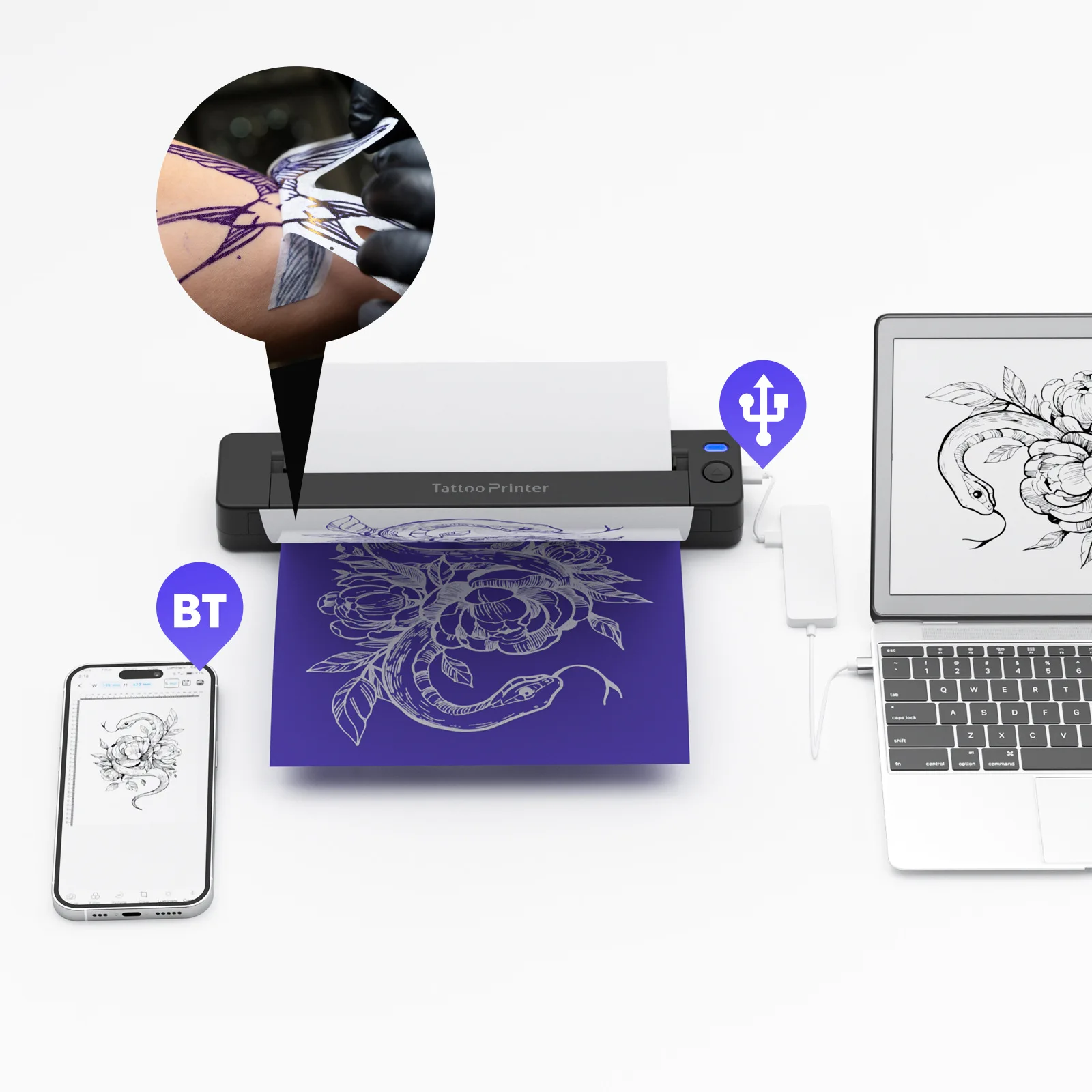 Printer Tato Bluetooth Portabel Mesin Fotokopi Transfer Stensil Pekerjaan Rumah Tanpa Tinta Catatan Memo Dokumen Kantor Printer Termal Mini A4