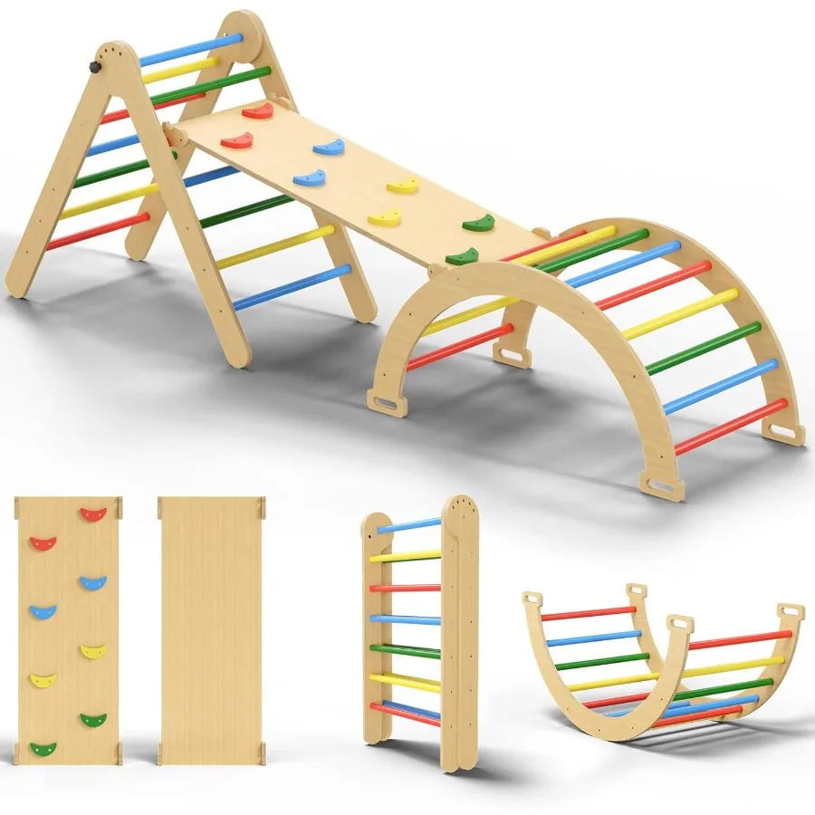 

5 in 1 Montessori Pikler Triangle Climbing Set Large Indoor Foldable Wooden Baby Climbing Gym Climber with Arch Slide for Toddl