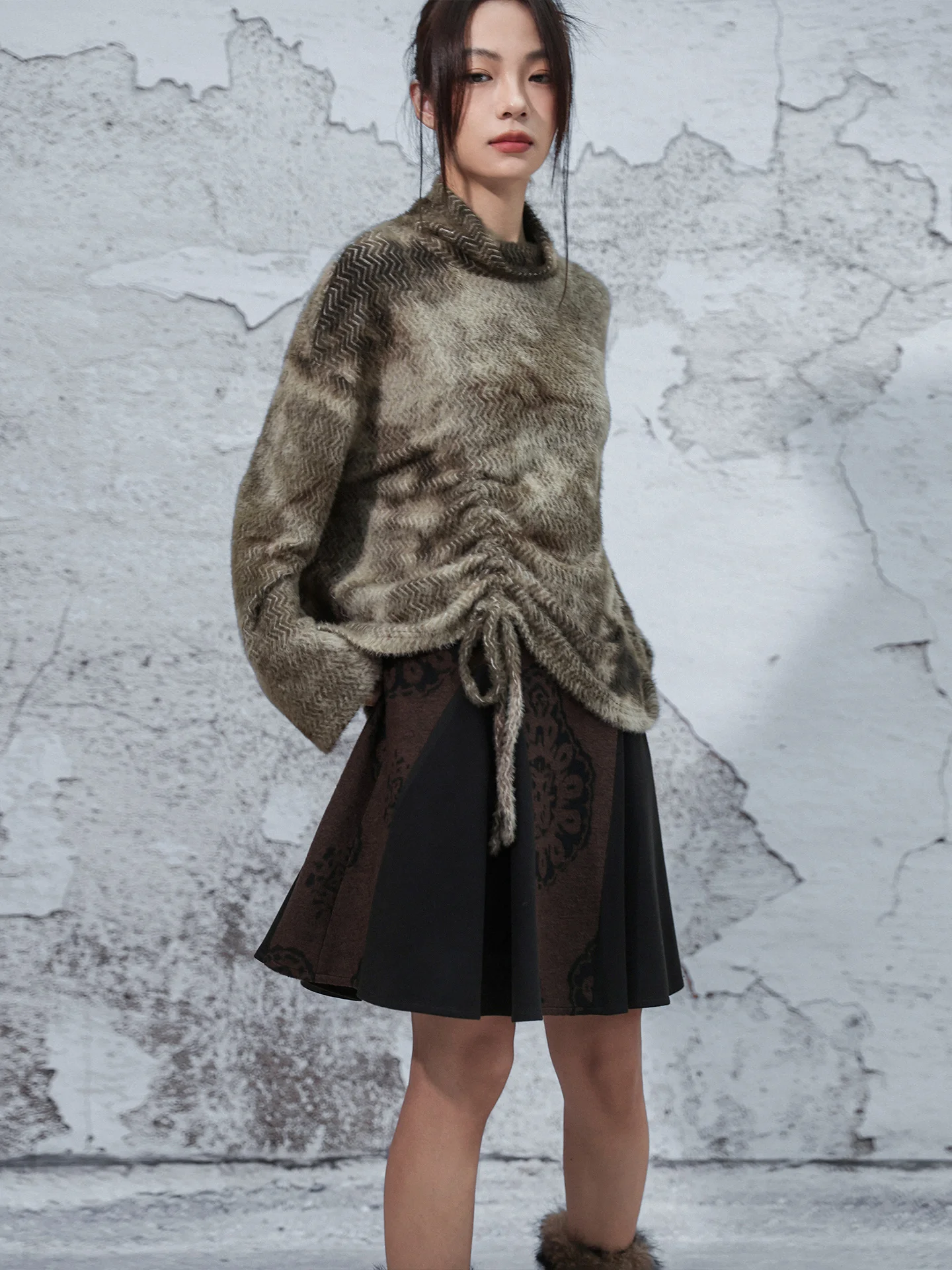 

Вязаный свитер с длинными рукавами в стиле тай-дай для женщин, с высоким воротником, свободного кроя, из полиэфирного волокна, с дизайном из шнуровки на шнурке, повседневный стиль