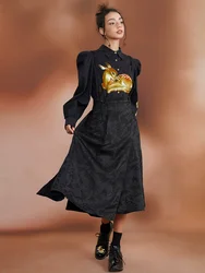 Spring Autumn Original Design Women Black Asymmetrical Jacquard Skirt