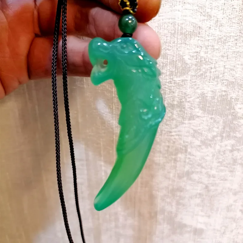 Natural Green Handmade Carved Wolf Tooth Jade Pendant, Fashionable Boutique Jewelry,  Green Agate Wolf Head Necklace Gift