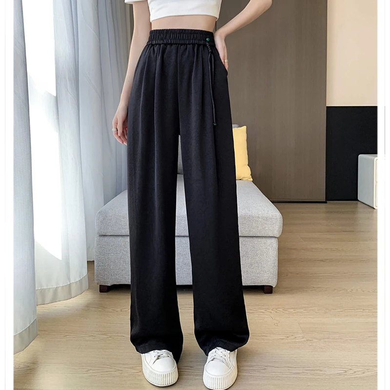 Imagem -05 - Calça Larga de Perna Feminina Cetim Estilo Chinês Elegante Vintage Casual Cintura Alta Monocromática Solta Reta Feminina Moda Verão