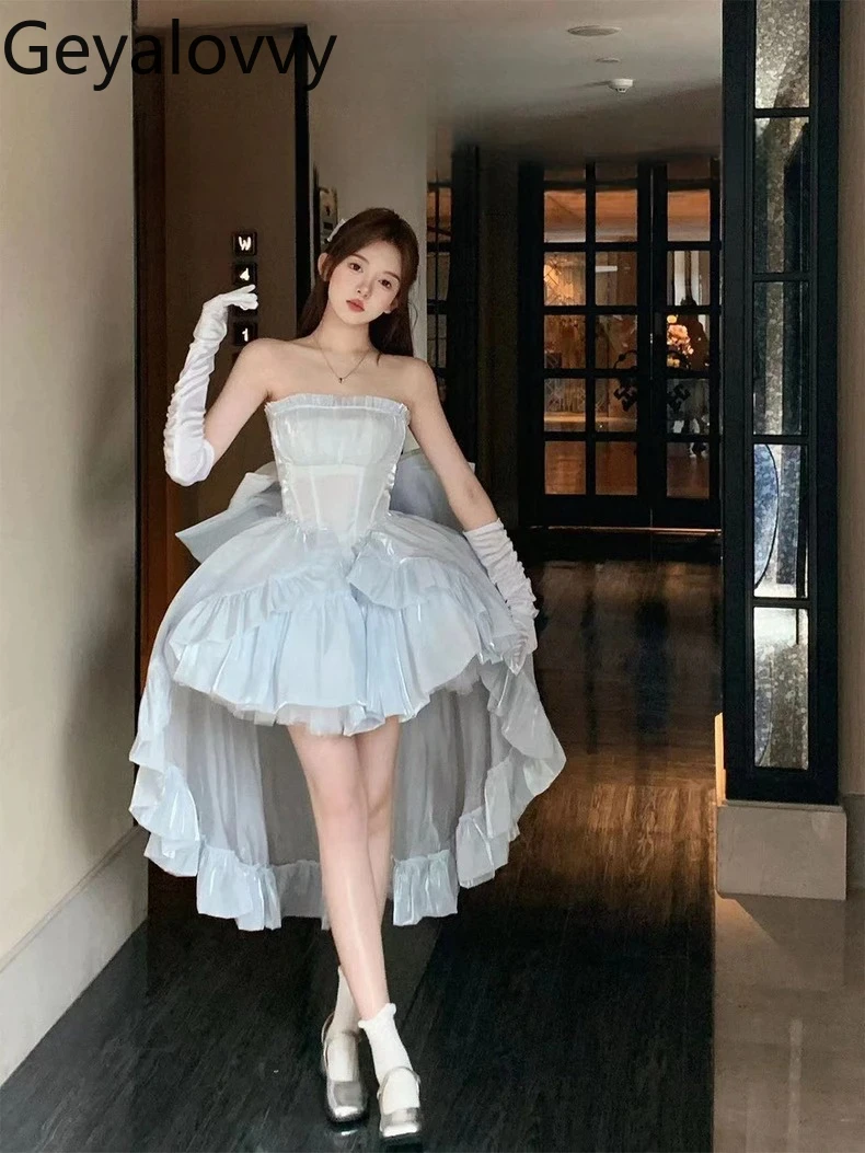 

French Gentle Wind Blue Off-the-shoulder High-waisted Slim-fit Dress Sweet Girls Summer Vintage Puffy Princess Dresses