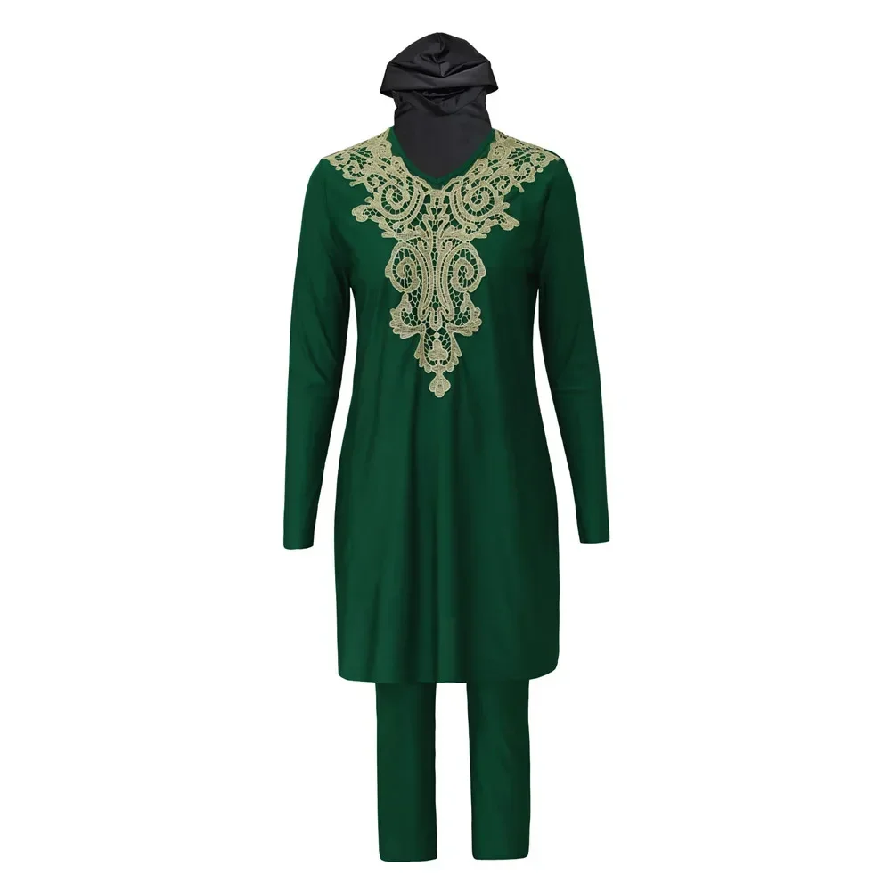 

Sun Protection Surf Diving Three Piece Swimsuit Conservative Full Cover Embroidered Swimwear Muslim Women Hijab Bathing Suits