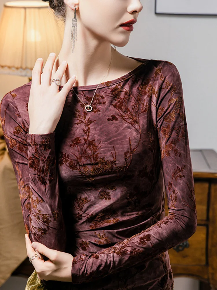 

One Collar Plush Printed Irregular Splicing Base With Pleats 2025 Autumn And Winter New Women's Top Small Shirt